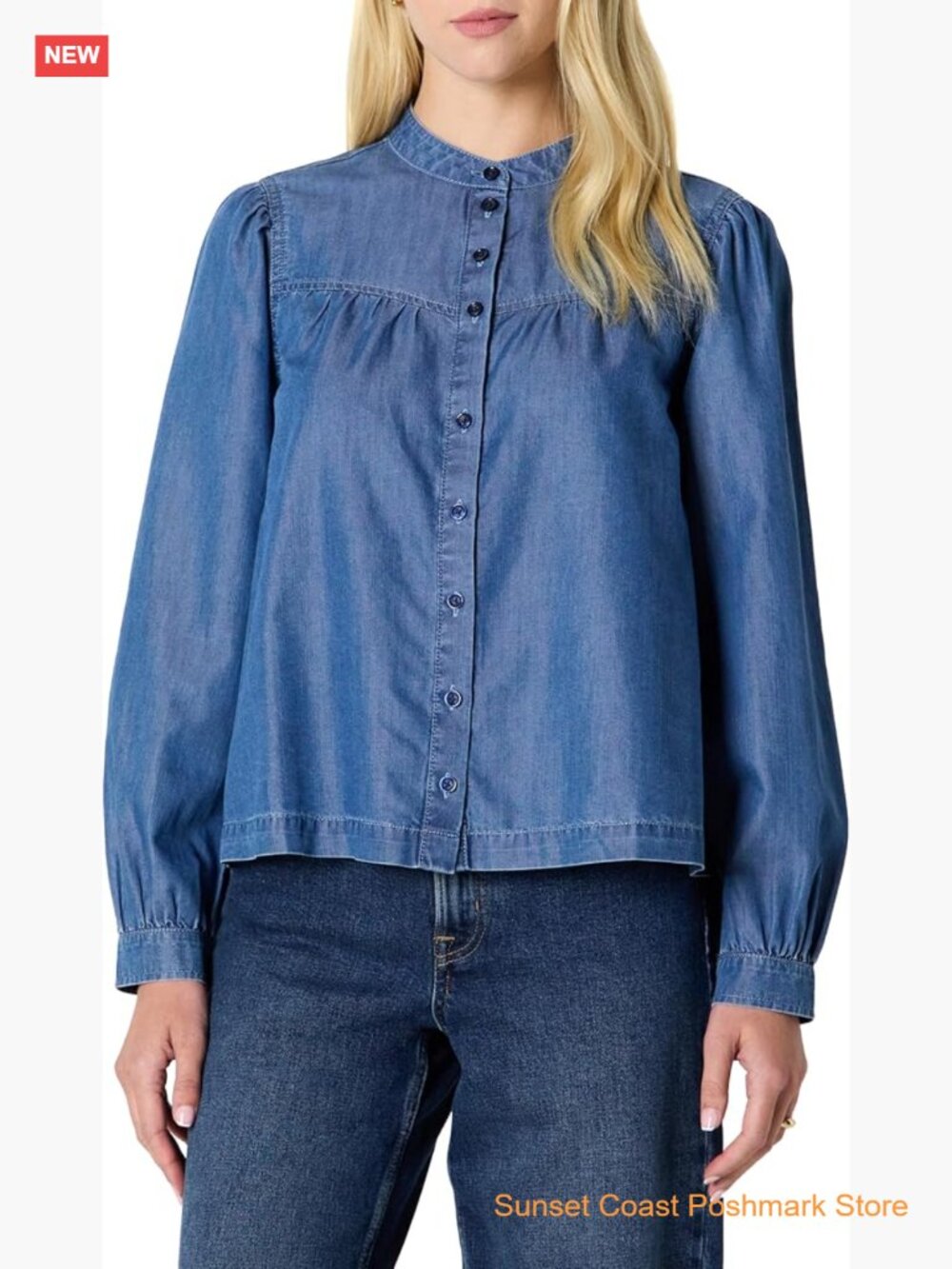 Relaxed-Fit Denim Chambray Long-Sleeve Button-Front Blouse Blouson Sleeves